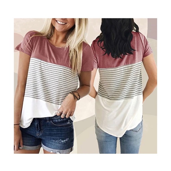 YunJey Round Neck Triple Color Block Stripe TShirt - Picture 2 of 6